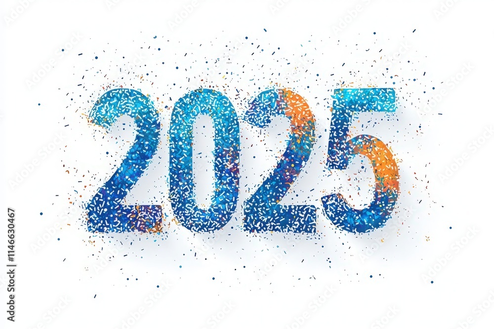 Colorful numbers representing the year 2025 are surrounded by a burst of confetti in various shades. The festive atmosphere conveys joy and anticipation for the upcoming year.