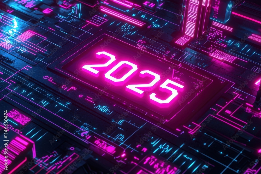 A vibrant digital display showcases the year 2025 in neon pink. Intricate circuitry patterns in blue and purple surround the numbers, creating a modern, futuristic aesthetic.