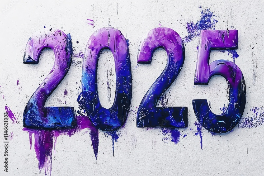 A large, artistic depiction of the year 2025 is showcased against a textured wall. The numbers are painted in bold purple tones, dripped with vibrant colors, creating an eye-catching display.