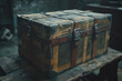 © Poter - Vintage wooden trunk resting on a rustic wooden table in a dimly lit, abandoned setting full of history. Generative AI