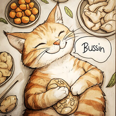 Bussin', A cut smiling cat is full of food and thinking Bussin