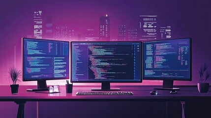 Night coder's workspace with triple monitor setup displaying programming code.