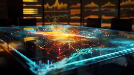 Wall Mural - holographic display of global sales data with interconnected nodes and dynamic charts over a corpora