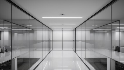  Modern office interior featuring sleek glass walls, minimalistic design, and bright white lighting, creating a spacious and professional environment.