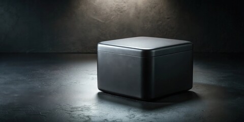 Poster - A solitary black box resting on a dark textured surface, illuminated by a single beam of light from above.