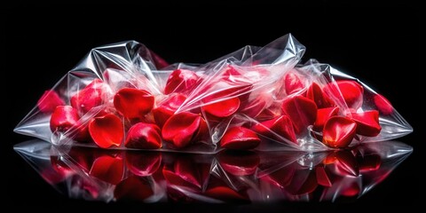 Aufkleber - A transparent plastic bag filled with vibrant red petals, reflecting on a sleek black surface