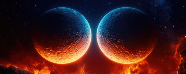 Wall Mural - two vibrant planets float in a cosmic backdrop, surrounded by fiery clouds and a starry sky, evoking