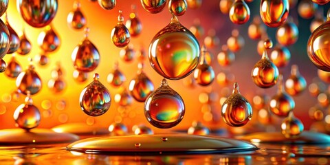 Poster - A mesmerizing display of iridescent water droplets suspended in mid-air against a vibrant orange backdrop, creating an abstract composition of light, color, and reflection.