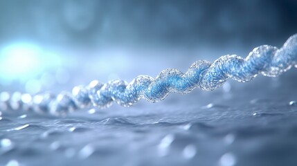 Poster - A close-up view of a twisted, shiny blue rope submerged in water, showcasing droplets and a soft, blurred background.