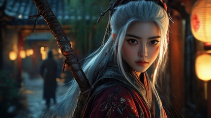 Wall Mural - An Asian warrior woman with white hair under her hood, illuminated by the soft light of an ancient village lantern background wallpaper AI generated image