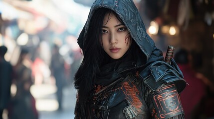 Wall Mural - An Asian female assassin with black hair under her hood, walking through a cyberpunk cityscape background wallpaper AI generated image