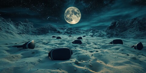 Wall Mural - A cinematic wide-angle photograph of dark sand dunes on the moon, and there are some VR headsets laying in the sand. The scene is hyper-realistic