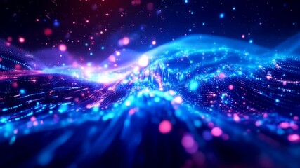 Digital wave technology abstract background with neon lights. Futuristic cyber network visualization. Blue and purple dynamic motion graphics for technology concept 