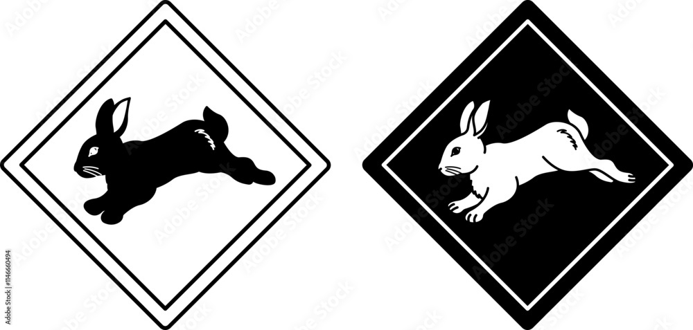 Rabbit Road Signs. Black and White Vector Icons. Hare. Road Sign ...
