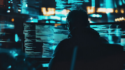 Programmer with headphones working on a computer surrounded by digital code. Blurring effect