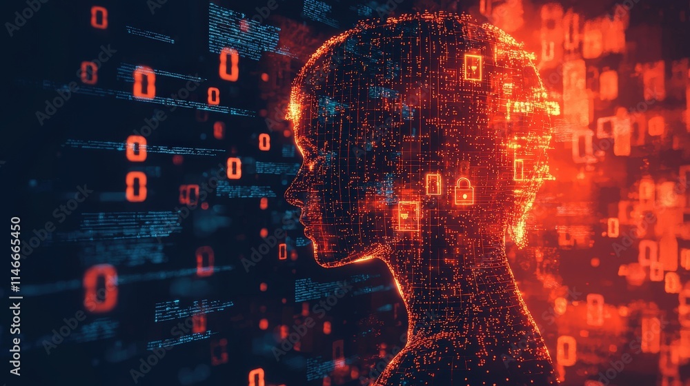 Digital silhouette of a human face with glowing red and blue data ...