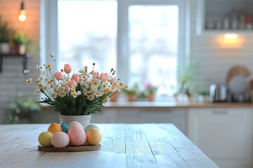 Wall Mural - Easter table with colorful eggs and spring flowers on blurred kitchen window background 