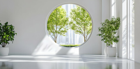 A modern interior with a circular window showcasing greenery outside.