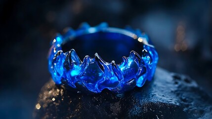 Wall Mural - Wedding ring with blue crystals on a dark background, closeup