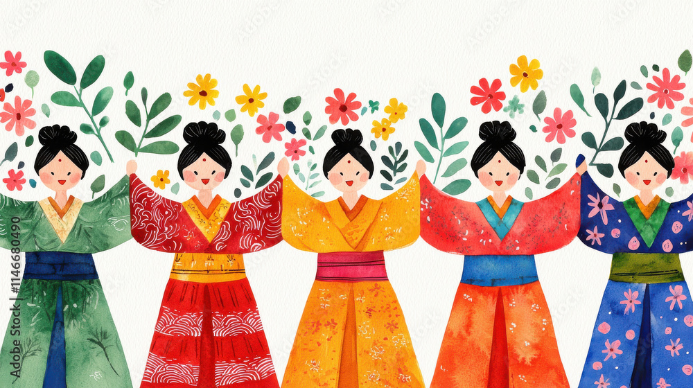 Colorful watercolor illustration of women in traditional dresses with ...