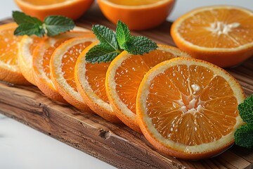 Wall Mural - A wooden cutting board with a pile of oranges and a few slices of green mint