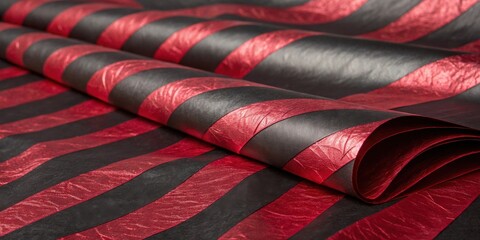 Poster - A close-up shot of red and black striped fabric with a textured surface, folded in a soft wave, showcasing its luxurious and elegant design.