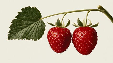 Wall Mural - Two ripe strawberries on a vine with a leaf.