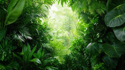 Canvas Print - Lush green tropical foliage creates a natural frame, sunlight filtering through leaves.