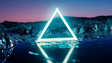 Fototapete - Lighting installation creates a stunning visual display over rocky water at sunset