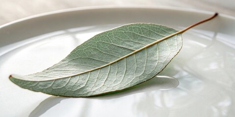 Aufkleber - A single green leaf with delicate veins rests atop a smooth white surface, a glistening droplet of water reflecting the intricate details of the leaf's structure.