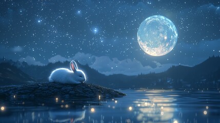 Wall Mural - A fluffy, beautiful little white rabbit lying on a gigantic moon, with the calm lake surface reflecting the moon, a starry night sky in the background, twinkling stars, Mid-Autumn Festival, 3D animati