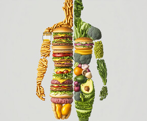 Illustration of a human body formed from various fruits and vegetables, symbolizing healthy living, fitness, and nutrition, isolated on white background