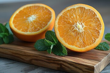 Wall Mural - Two oranges on a wooden cutting board