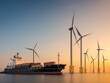 © sorrakrit - logistics cargo delivery shipping sustainability Concept. Cargo ship near offshore wind turbines at sunset, showcasing renewable energy and maritime industry.