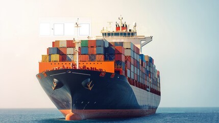 logistics cargo delivery shipping sustainability Concept. Cargo ship navigating through calm waters, loaded with colorful containers.