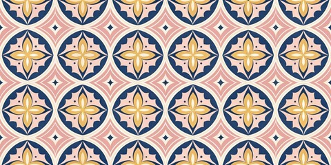 Wall Mural - A repeating pattern of intricate circular motifs in shades of blush pink, navy blue, and golden yellow, creating a harmonious and elegant design.