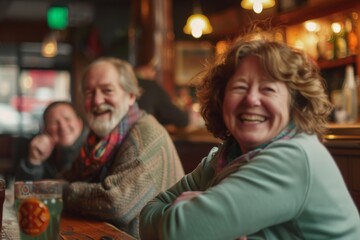 Wall Mural - Group of seniors having fun in a pub. Focus on the woman