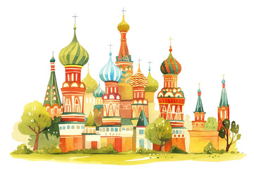 Colorful illustration of iconic towers with whimsical details, vibrant patterns, and lush greenery.