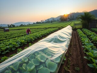 Wall Mural - A stunning image of a lush green vegetable farm at sunrise in Vietnam showcasing sustainable agriculture and eco friendly farming practices during Tet holiday, lush green, harvest