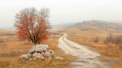 Canvas Print - Misty autumn landscape with a dirt road, colorful tree, and rocks.