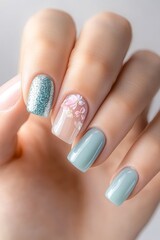 Wall Mural - A close-up of a well-manicured hand featuring stylish nail art with pastel colors, glitter, and floral designs, This image is ideal for beauty, fashion, and manicure-related projects or marketing,