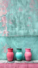 Wall Mural - Three colorful pots against a textured turquoise wall, showcasing art and design.