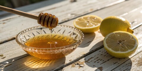 Sticker - Golden Honey Drizzling into a Glass Bowl with Freshly Cut Lemons on a Rustic Wooden Table