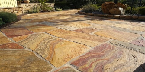 Poster - An intricate pattern of flagstone creates a natural pathway, seamlessly blending with the surrounding landscape.