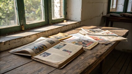 Fototapete - A forgotten history in an open book, resting on a weathered wooden table, bathed in sunlight streaming through a window