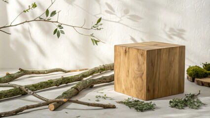 Aufkleber - A Simple Wooden Cube Displayed on a Natural Fabric Surface with Branches and Greenery