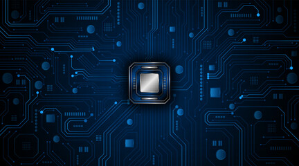Leinwandbilder - Microchip processor circuit board technology on dark blue background. Information Processing Concept. Circuit board hi-tech technology background. vector illustration	
