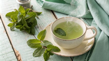 Sticker - A steaming cup of herbal tea with fresh mint leaves on a rustic wooden table