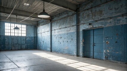 Poster - A dusty, weathered industrial space with peeling blue paint and a large double door revealing a hint of mystery.