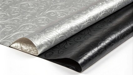 Poster - A close-up of two textured fabrics with swirling patterns, one black and the other silver,  folded over and revealing a glimpse of the material underneath.